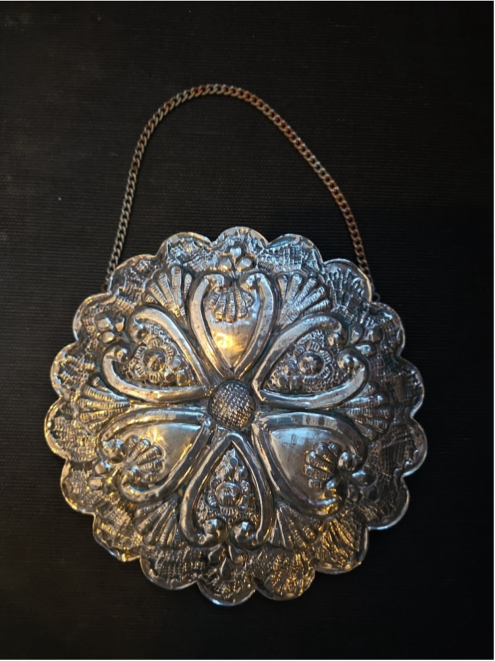 Turkish 900 Silver Repoussé Floral Hanging Wedding Mirror 5.5"x5.5" MURAT Vtg